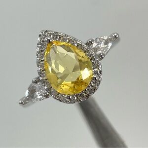 Beautiful Elegant Pear Cut Halo Canary Yellow Diamond CZ Silver Plated Ring